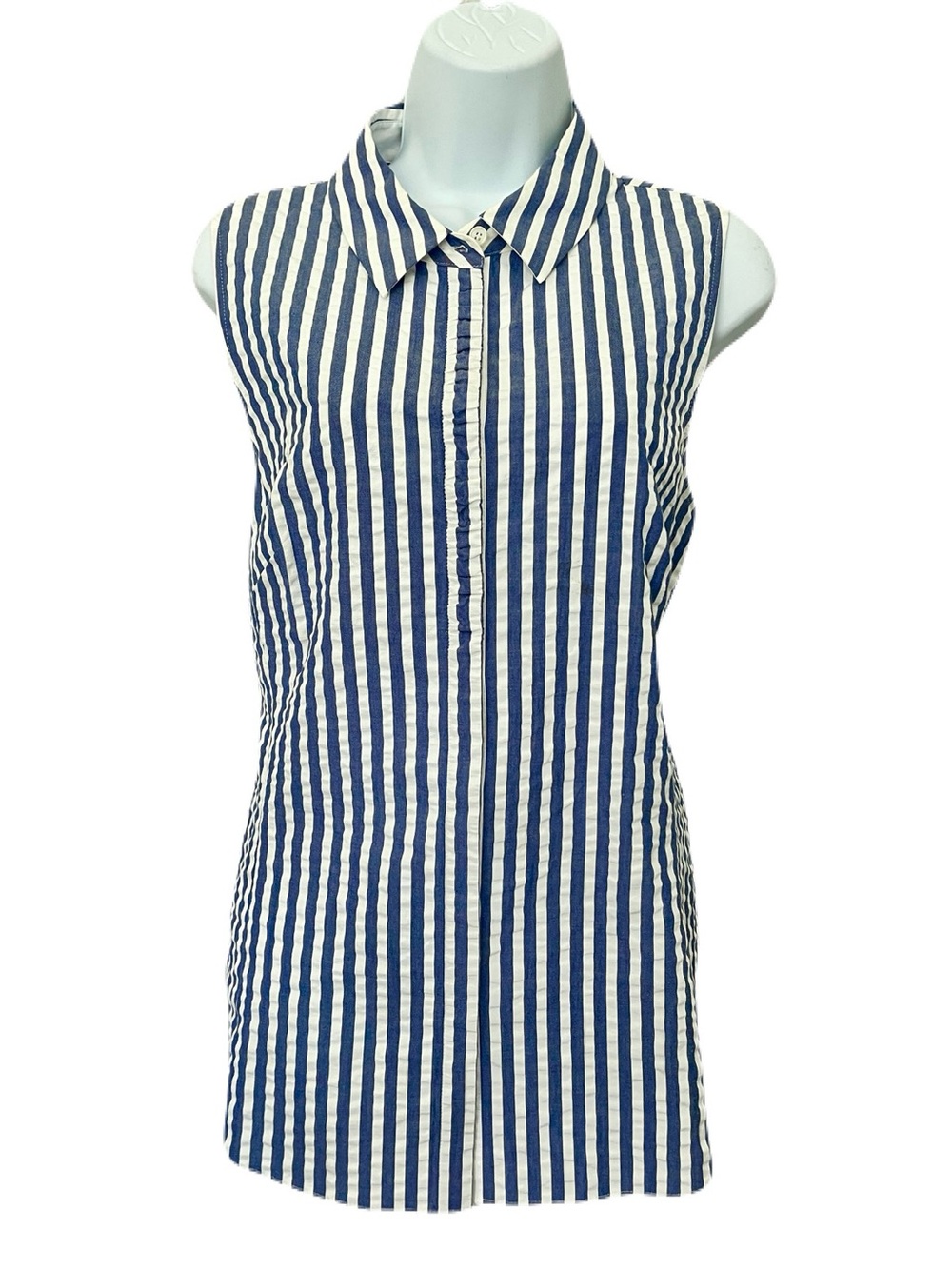 Lafayette 148 Blue and White Seersucker Striped Sleeveless Button Down, Size 14